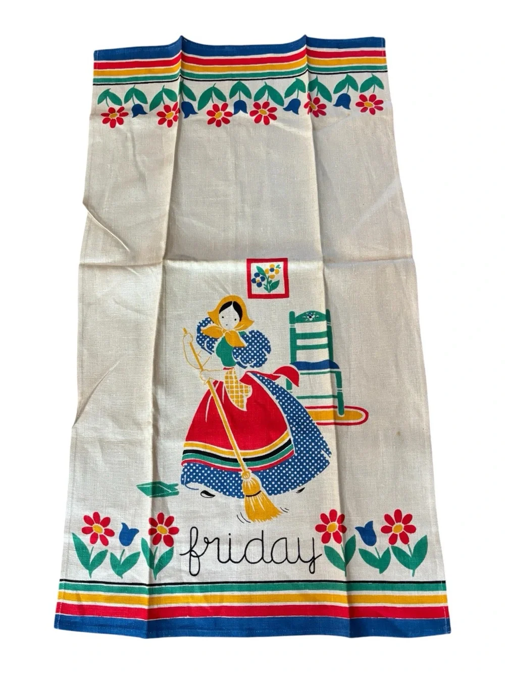 MCM Quality Linens Pure Linen Tea Towel Days Of The Week “Friday” Dutch Girl